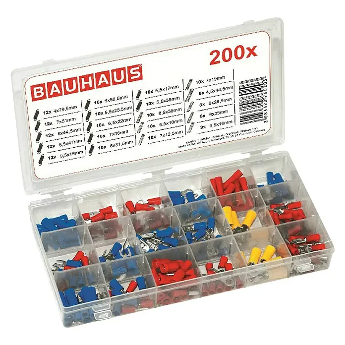 BAUHAUS Surtido de terminales fastón - Azul, Rojo, Amarillo, 200 ud. - Caja surtida con 200 conectores de cable de Bauhaus, ideal para electricistas y aficionados al bricolaje. Varios tamaños y colores.
