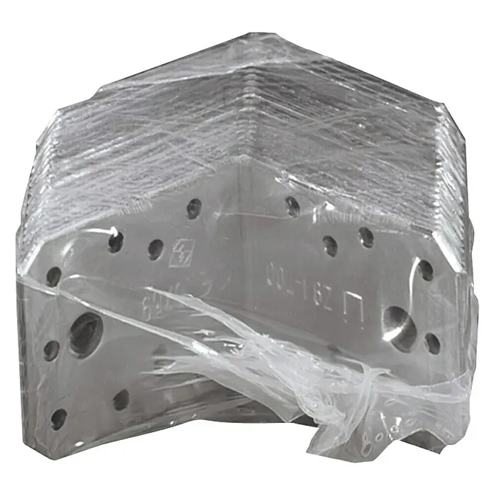 Stabilit Winkelverbinder Sparpack - L x B x H: 70 x 70 x 55 mm, Stärke: 2,5 mm, Stahl, 20 Stk. - Ein verpackter, silberner Hydraulikblock, der in durchsichtiger Plastikfolie eingeschlagen ist, mit diversen Löchern und Beschriftungen.