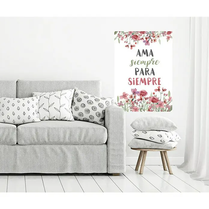 Vinilo de pared Ama siempre - 48 x 68 cm, Plástico - Acogedor interior de sala de estar con un sofá elegante y arte mural decorativo con el lema "AMA SIEMPRE PARA SIEMPRE".