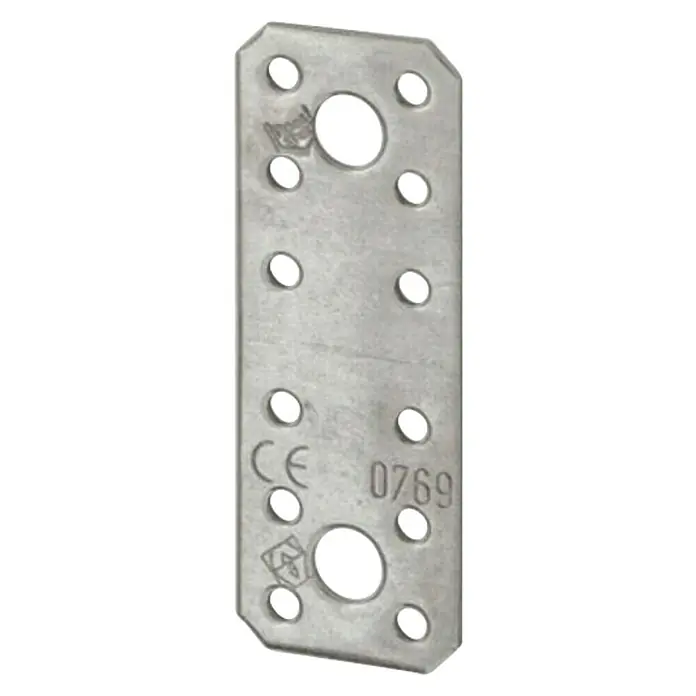 Stabilit Pletina de ensamblaje - L x An: 135 x 55 mm, Acero inoxidable - Conector metálico con múltiples agujeros y la inscripción "CE 0769".