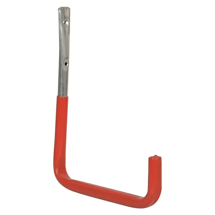 Stabilit Wandhaken - 25 x 2,2 x 30,2 cm, Belastbarkeit: 15 kg, Durchmesser: 12 mm - Nahaufnahme eines roten Werkzeughakens mit silberner Halterung vor schwarzem Hintergrund.
