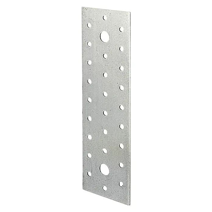Stabilit Pletina de ensamblaje - 200 x 60 mm, 1 ud., Espesor: 2 mm - Placa metálica con numerosos agujeros y dos huecos más grandes, ideal para conexiones en la construcción.