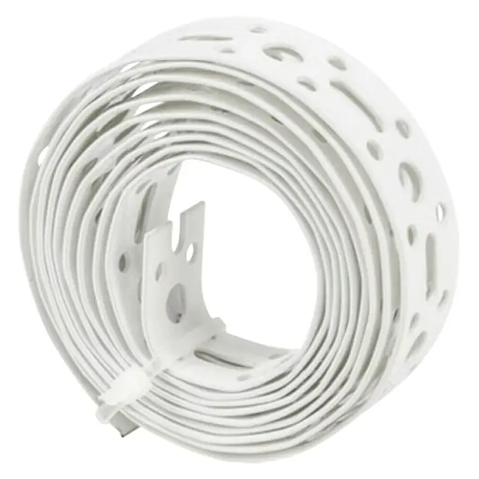 Stabilit Cinta de montaje - An x L: 20 mm x 1,5 m, Espesor: 1 mm - Un primer plano de un rollo de banda de fijación blanca perforada. Ideal para la fijación segura y flexible de diversos elementos.