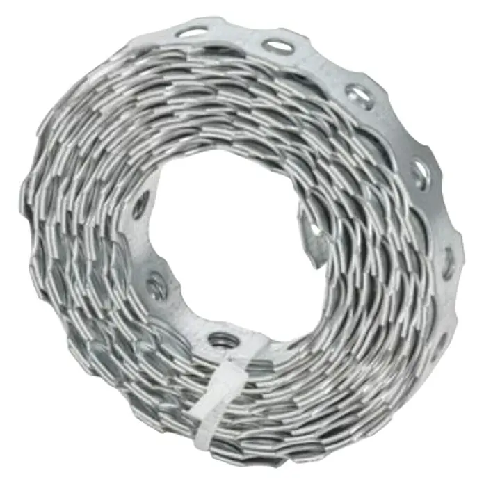 Stabilit Cinta de montaje - L x An: 10 m x 12 mm, Espesor: 0,9 mm, Acero - Imagen enrollada de fleje metálico perforado, una herramienta versátil para aplicaciones de construcción y fijación. Ideal para asegurar y colgar.