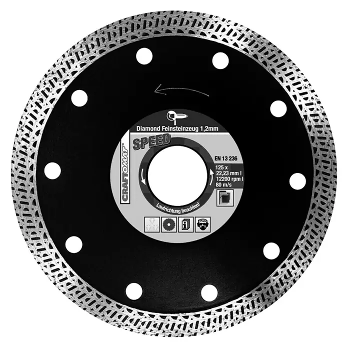 Craftomat Disco de corte - Ø x Es: 125 x 1,2 mm, Orificio: 22,23 mm - Disco de corte de diamante "Speed" de Craftomat, adecuado para gres porcelánico fino con un ancho de corte de 1,2 mm. ¡Observe la dirección de rotación!