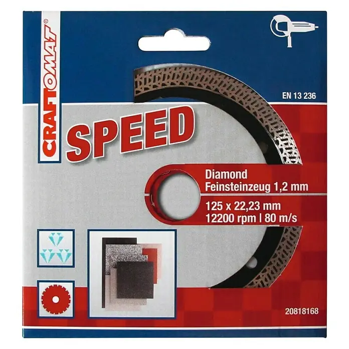 Craftomat Disco de corte - Ø x Es: 125 x 1,2 mm, Orificio: 22,23 mm - Imagen del disco de corte de diamante CRAFTOMAT SPEED de gres porcelánico de 1,2 mm, 125 x 22,23 mm, 12200 rpm, 80 m/s.