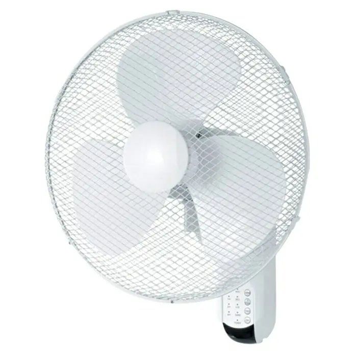 PR Klima Ventilador de pared - Blanco, 40 cm - Primer plano de un ventilador de pared blanco con rejilla de seguridad y controles fáciles de usar. El aparato ofrece un diseño elegante.