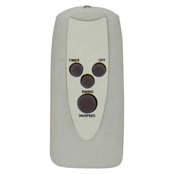 PR Klima Ventilador de pared - Blanco, 40 cm - Primer plano de un mando a distancia gris para ventilador de techo con botones de temporizador, apagado, giro y velocidad/encendido.