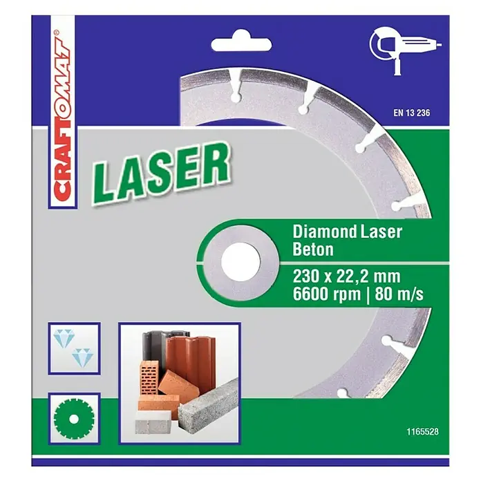 Craftomat Disco de corte Láser - Orificio: 22,23 mm, Diámetro del disco: 230 milímetros (mm) - Imagen de un disco de corte de diamante CRAFTOMAT Laser para hormigón de 230 x 22,2 mm, ideal para cortar hormigón a 6600 rpm y 80 m/s.