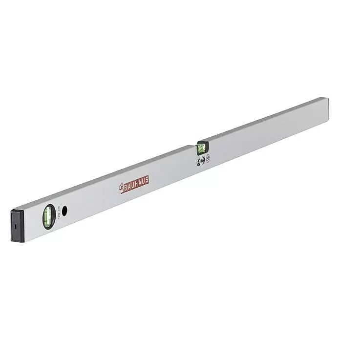 BAUHAUS Nivel de burbuja - Largo: 120 cm, Aluminio, Gris - Nivel de burbuja plateado con logo 'BAUHAUS', dos viales y '120 cm' de longitud.