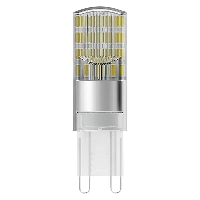 Osram Star LED-Lampen Set Pin G9 - G9, Nicht Dimmbar, Warmweiß, 320 lm, 2,6 W, 2 Stk. - Abbildung einer G9 LED-Lampe mit klarem Gehäuse, das gelbe LEDs und einen silbernen Kühlkörper zeigt.\n