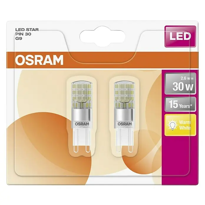 Osram Star LED-Lampen Set Pin G9 - G9, Nicht Dimmbar, Warmweiß, 320 lm, 2,6 W, 2 Stk. - Verpackung von Osram LED Star PIN 30 G9-Glühbirnen mit warmweißem Licht, die eine Lebensdauer von 15 Jahren haben und 30 Watt entsprechen.