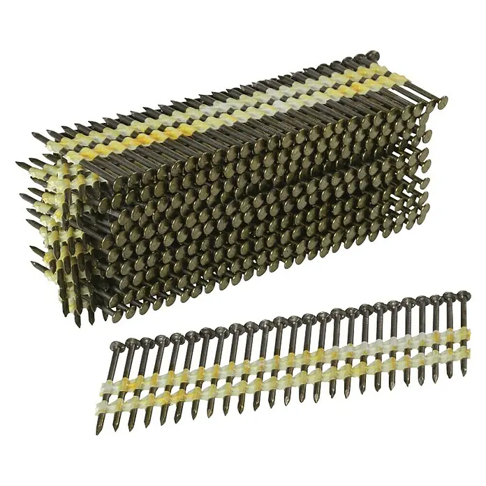 Craftomat Clavo con cabeza - Largo: 75 mm, 500 ud. - La imagen muestra un bloque y una sola fila de clavos de enmarcado unidos con una tira de plástico amarilla, sobre un fondo negro.