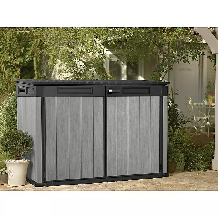Keter Truhe Grande Store - Außenmaß inkl. Dachüberstand (B x T): 191 x 109 cm, Kunststoff, Grau, Geeignet für Anzahl Mülltonnen: 3 Stk. - Stimmungsaufnahme