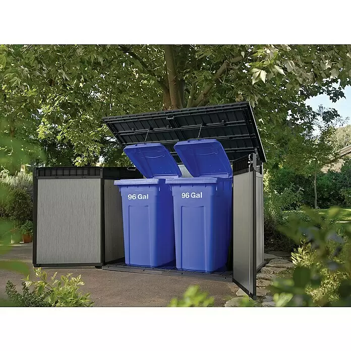 Keter Truhe Grande Store - Außenmaß inkl. Dachüberstand (B x T): 191 x 109 cm, Kunststoff, Grau, Geeignet für Anzahl Mülltonnen: 3 Stk. - Stimmungsaufnahme