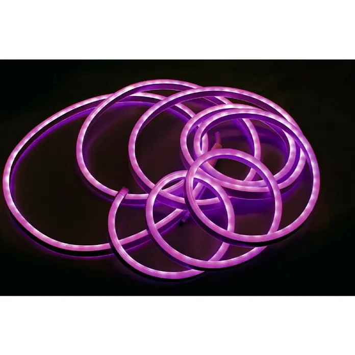 Starlux LED-Lichtschlauch - 5 m, 6 W, RGB - Nahaufnahme einer flexiblen Neonleuchte, die in leuchtenden, violetten Kreisen angeordnet ist und ein modernes, dekoratives Element darstellt.