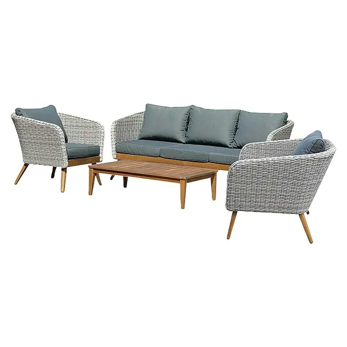 Sunfun Loungemöbel-Set Sina - 4 -tlg., Aluminium, Akazie, Polyrattan, Bambusgrau/Braun - Elegante Gartenmöbel-Garnitur mit Sofa, Sesseln und Tisch in Grau und Holz. Ideal für entspannte Stunden im Freien.