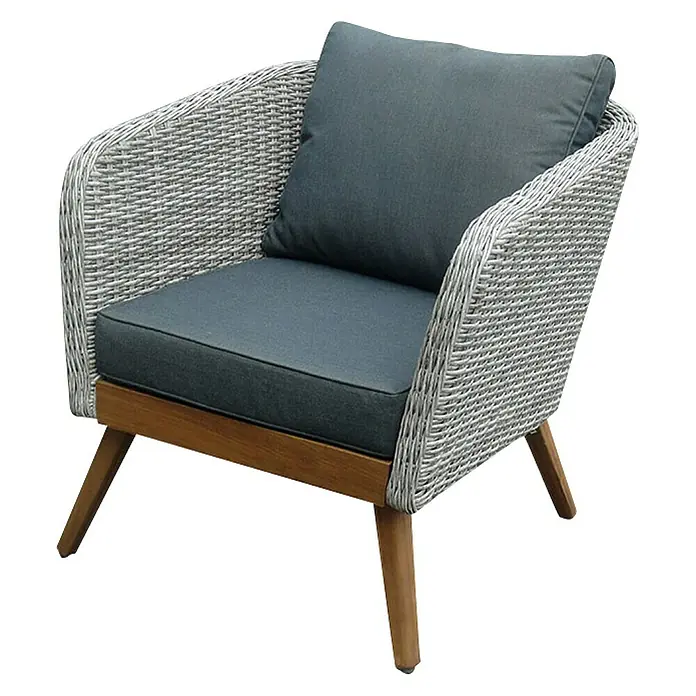 Sunfun Loungemöbel-Set Sina - 4 -tlg., Aluminium, Akazie, Polyrattan, Bambusgrau/Braun - Stilvoller Rattansessel mit grauen Kissen und Holzbeinen. Perfekt für den Innen- und Außenbereich geeignet.
