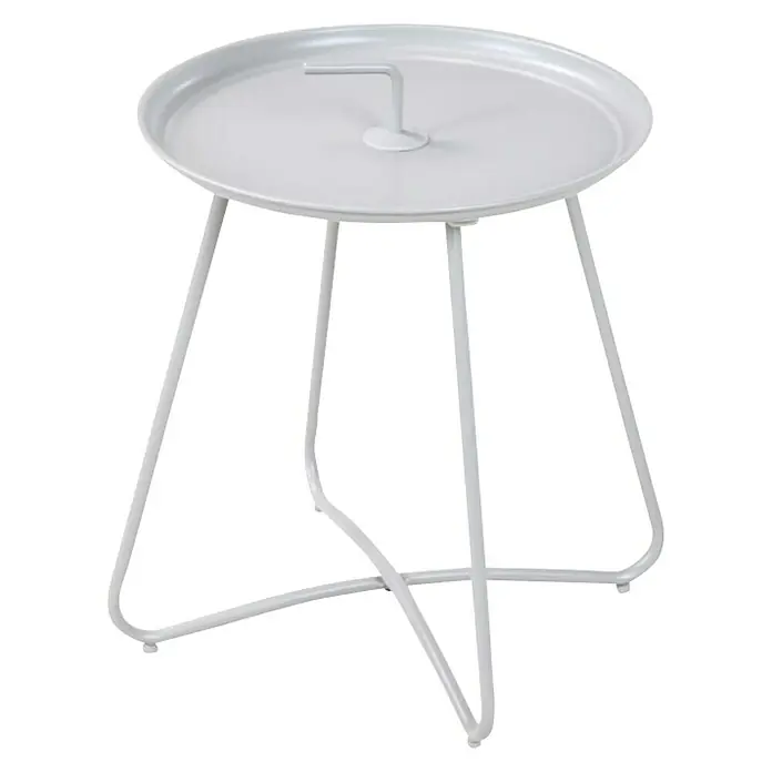 Garten-Beistelltisch rund - Ø x H: 40 x 45 cm, Stahl, Höhenverstellbar, Lichtgrau - Ein weißer, runder Beistelltisch mit einem Griff in der Mitte der Tischplatte und einem filigranen Metallfuß.