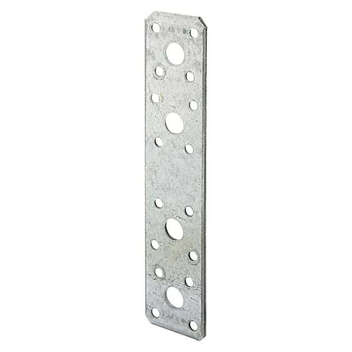 Stabilit Pletina de ensamblaje - L x An: 180 x 40 mm, 1 ud. - Una placa metálica galvanizada con múltiples orificios de diferentes tamaños, utilizada para fijar componentes estructurales.