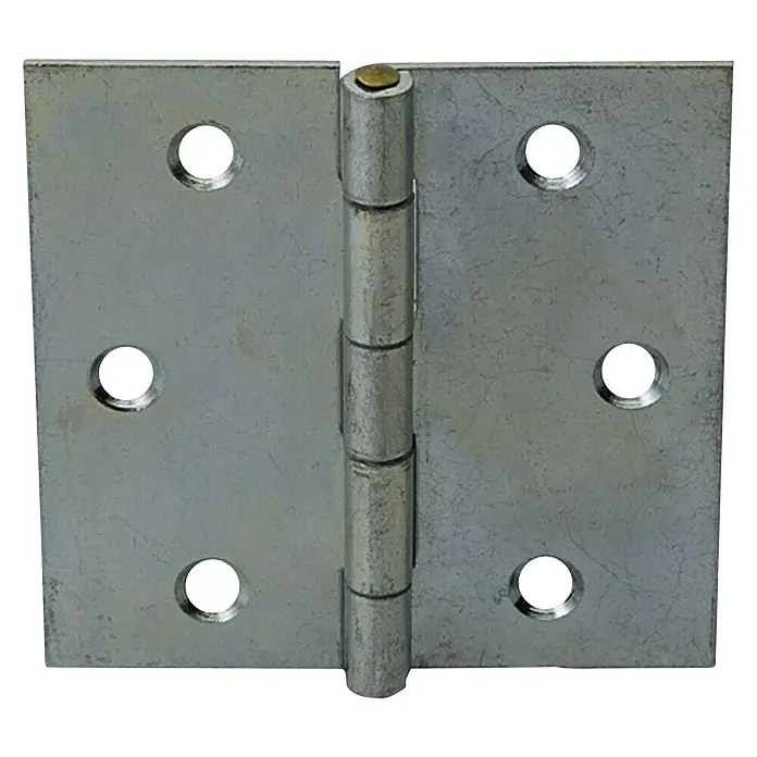 Stabilit Scharnier - 60 x 60 mm, Verzinkt, Silber - Nahaufnahme eines silberfarbenen Türbandes mit Schraubenlöchern.