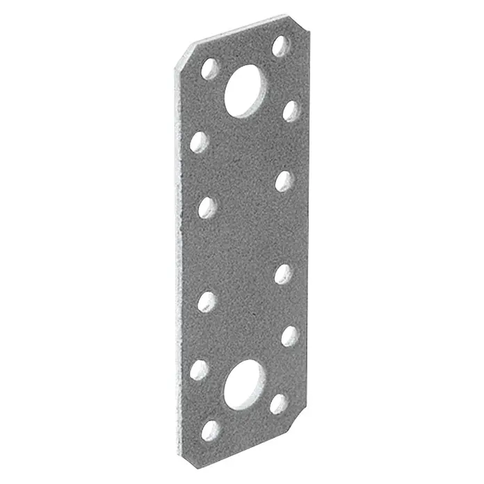 Stabilit Flachverbinder - 96 x 35 mm, 1 Stk. - Eine rechteckige, graue Lochplatte, die für Bauzwecke verwendet wird, mit abgerundeten Ecken und Löchern in verschiedenen Größen.