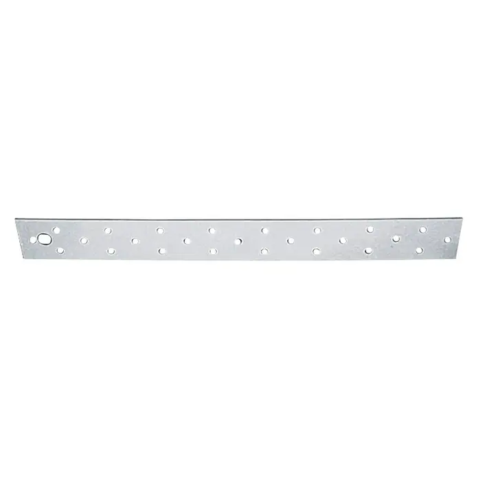 Stabilit Streifen-Flachverbinder - 340 x 40 mm, Stahl - Ein silberner Verbinder mit Löchern vor schwarzem Hintergrund. Der Verbinder ist lang, rechteckig und hat eine Reihe von Bohrlöchern.