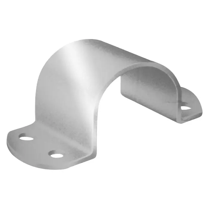 Stabilit Rohrschelle - L x B x H: 49 x 40 x 3 mm, Stahl - Nahaufnahme einer weißen Rohrschelle mit Befestigungslöchern auf schwarzem Hintergrund.