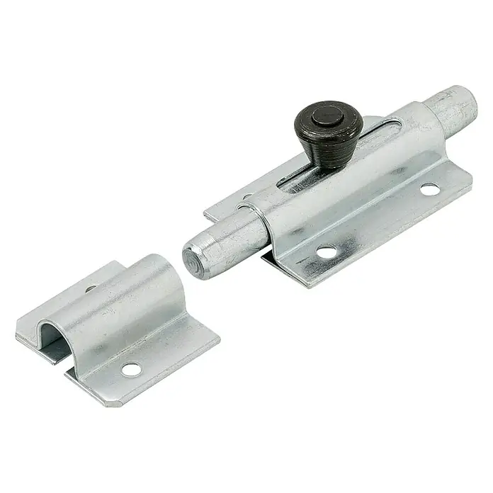 Stabilit Pestillo deslizante - L x An: 80 x 36 mm, Acero - Primer plano de un cerrojo de pestillo de color plateado con un pomo negro, que se utiliza para asegurar puertas y ventanas.