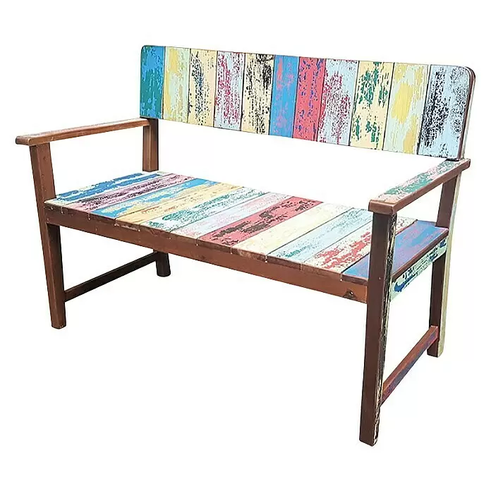 Sunfun Banco de jardín de tablones de barco - An x Pr x Al: 124 x 60 x 88 cm, Multicolor - Banco de jardín de madera con reposabrazos, asiento y respaldo de listones de madera de colores desgastados.