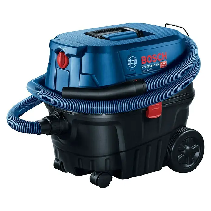 Bosch Professional Elektro-Nass- & Trockensauger GAS 12-25 PL - 1.250 W, Behältervolumen: 25 l, Mit Beutel - Abbildung eines Bosch GAS 12-25 Nass- und Trockensaugers in Blau und Schwarz, ideal für den professionellen Einsatz.
