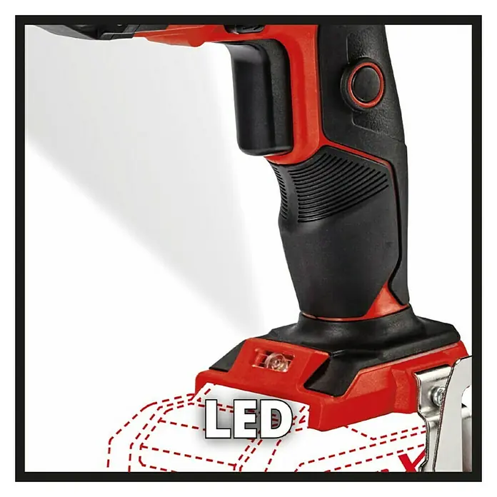 Einhell PXC 18V Atornillador para placas de yeso de batería TE-DY 18 Li-Solo - 18 V, Sin batería, 0 r.p.m. - 4.000 r.p.m. - Primer plano de la llave de impacto inalámbrica Einhell con iluminación LED, ideal para trabajos precisos en áreas oscuras.