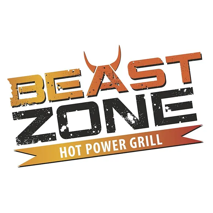 Kingstone KMS Barbacoa de gas Cliff 3500 Beast Black - Superficie de la parrilla (An x Pr): 61 x 45 cm, 13,5 kW, Número de quemadores: 3 - Logotipo de "Beast Zone Hot Power Grill" con cuernos naranjas y fuente estilo grunge, que representa parrillas de alto rendimiento.