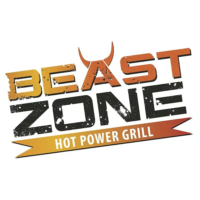 Kingstone KMS Barbacoa de gas Cliff 4500 Beast Black - Superficie de la parrilla (An x Pr): 72 x 45 cm, 17 kW, Número de quemadores: 4 - Logotipo de "Beast Zone Hot Power Grill" con cuernos naranjas y fuente estilo grunge, que representa parrillas de alto rendimiento.