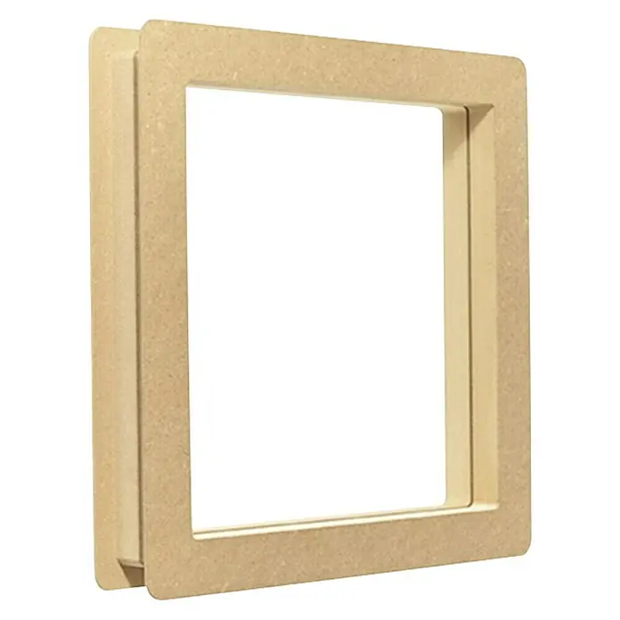 Mottez Bullauge - MDF, Natur, Optik Glas: Klarglas, 30 x 30 cm, Quadratisch - Nahaufnahme eines quadratischen, unfertigen Holzrahmens, ideal für Bastelprojekte und individuelle Dekorationen.