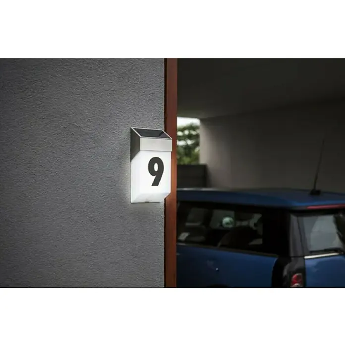 Lutec Solar-Außenwandleuchte - 1,3 W, L x B x H: 60 x 119 x 238 mm, Weiß, Nickel, IP44 - Beleuchtete Hausnummer 9 mit Solarpanel, modernes Design für den Außenbereich, sorgt für gute Sichtbarkeit bei Nacht.
