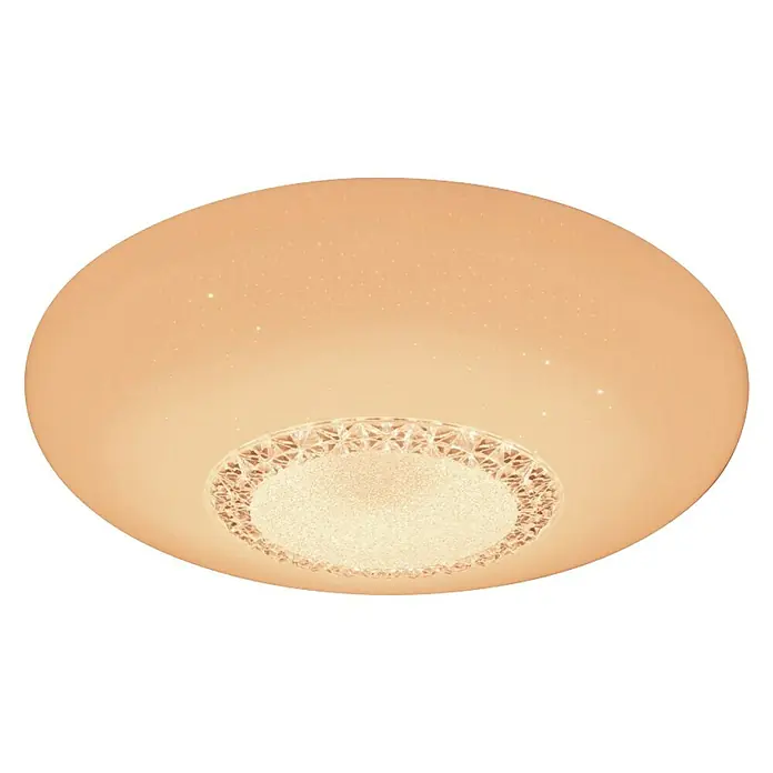 Tween Light Plafón LED redondo Mara - 60 W, Ø x Al: 60 x 10,5 cm, Blanco/Claro, Multicolor - Primer plano de una lámpara de techo LED redonda con detalles de cristal y luz cálida, ideal para interiores modernos.\n