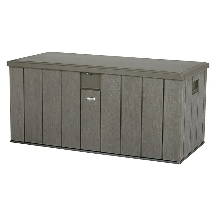 Lifetime Gartenbox - L x B x H: 151 x 72 x 69 cm, Kunststoff, 570 l, Dunkelgrau - Abgebildete graue Lifetime-Aufbewahrungsbox mit Holzstruktur. Praktisch für die Aufbewahrung im Außenbereich und optisch ansprechend.