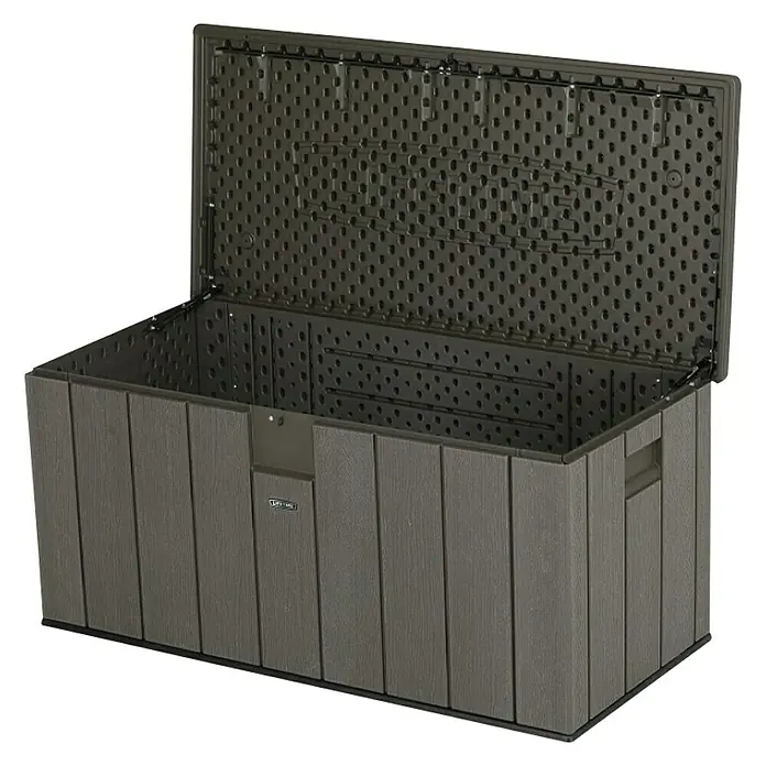 Lifetime Gartenbox - L x B x H: 151 x 72 x 69 cm, Kunststoff, 570 l, Dunkelgrau - Geöffnete, graue Lifetime Aufbewahrungsbox mit Holzoptik. Ideal für Gartenutensilien und mehr, bietet diese Box eine wetterfeste Lösung.
