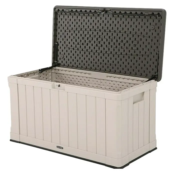 Lifetime Gartenbox Harmony - 128 x 64 x 67 cm, Lichtgrau, Kunststoff - Geöffnete Lifetime-Gartenbox aus robustem Kunststoff. Ideal zur Aufbewahrung von Gartenutensilien, Sitzkissen oder Spielzeug im Außenbereich.