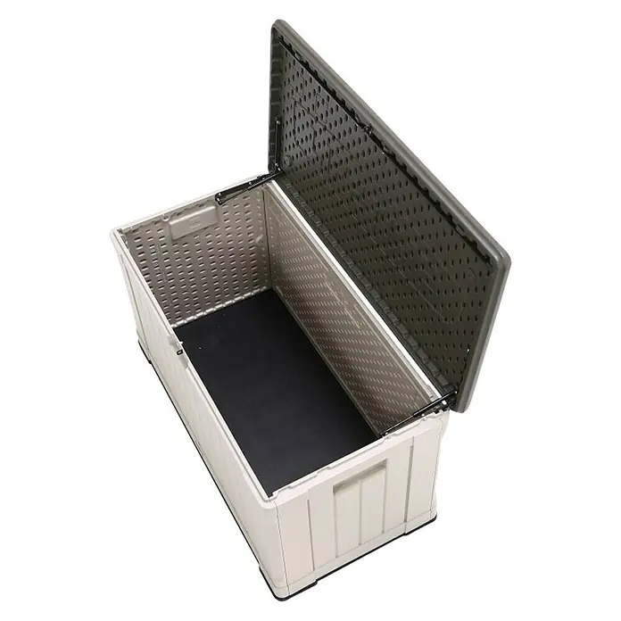 Lifetime Gartenbox Harmony - 128 x 64 x 67 cm, Lichtgrau, Kunststoff - Hier ist eine Gartenbox mit geöffnetem Deckel, ideal zur Aufbewahrung von Gartenutensilien und Outdoor-Ausrüstung, die Ordnung im Garten schafft.