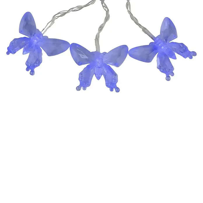 Globo Solar-Lichterkette Schmetterling - LED - Nahaufnahme von drei LED-Lichterketten in Schmetterlingsform mit violetten Flügeln und zarten Details, die eine stimmungsvolle Beleuchtung erzeugen.