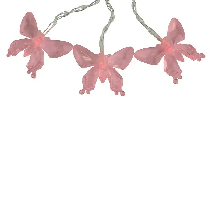 Globo Solar-Lichterkette Schmetterling - LED - Nahaufnahme einer Lichterkette mit drei rosa Schmetterlingen, die eine sanfte und romantische Atmosphäre erzeugen.