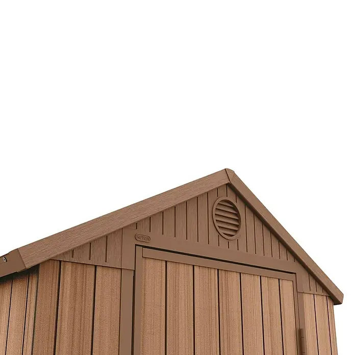 Keter Caseta de jardín Darwin 4x6 - Medidas ext. (An x Pr): 125,8 x 184,5 cm, Plástico, Marrón, 2,3 m² - Vista detallada de una caseta de jardín Keter con aspecto de madera, centrándose en la ventana del hastial y la textura de la madera de la pared.