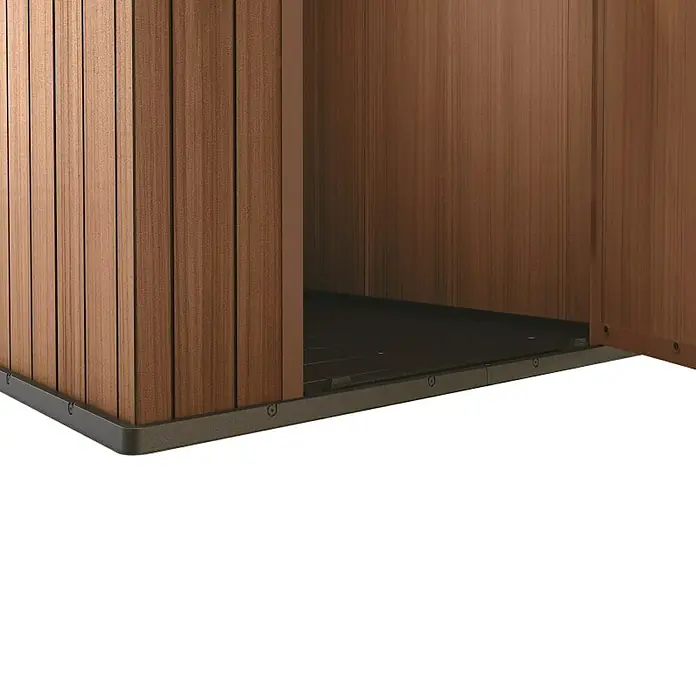 Keter Caseta de jardín Darwin 4x6 - Medidas ext. (An x Pr): 125,8 x 184,5 cm, Plástico, Marrón, 2,3 m² - Primer plano de una caseta de jardín espaciosa con paneles de madera y suelo oscuro, ideal para el almacenamiento en el jardín.