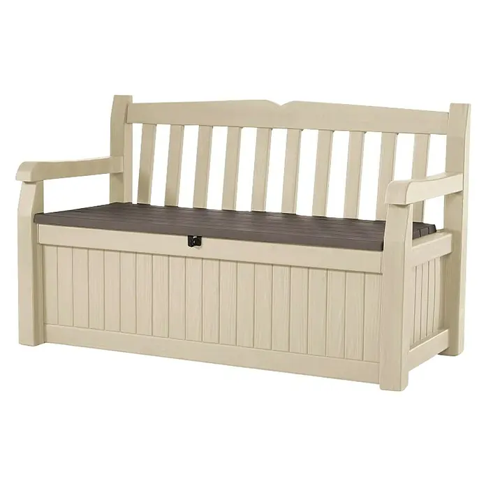 Keter Banco de jardín Eden - L x An x Al: 60 x 140 x 84 cm, Plástico, Beige/Marrón espresso - Banco con almacenamiento: Asiento cómodo y solución de almacenamiento práctica para exteriores. Perfecto para jardín, patio o terraza.