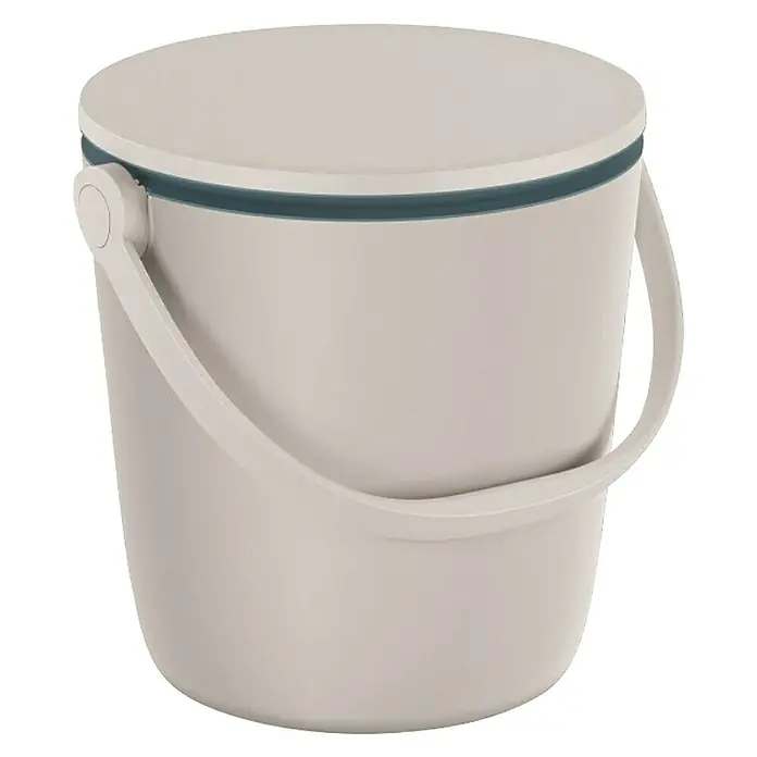 Keter Mesa alta de jardín redonda Go Bar - L x An x Al: 38 x 38 x 37 cm, Blanco - Cubo de color claro con tapa y asa, ideal para uso doméstico o en el jardín, robusto y práctico.