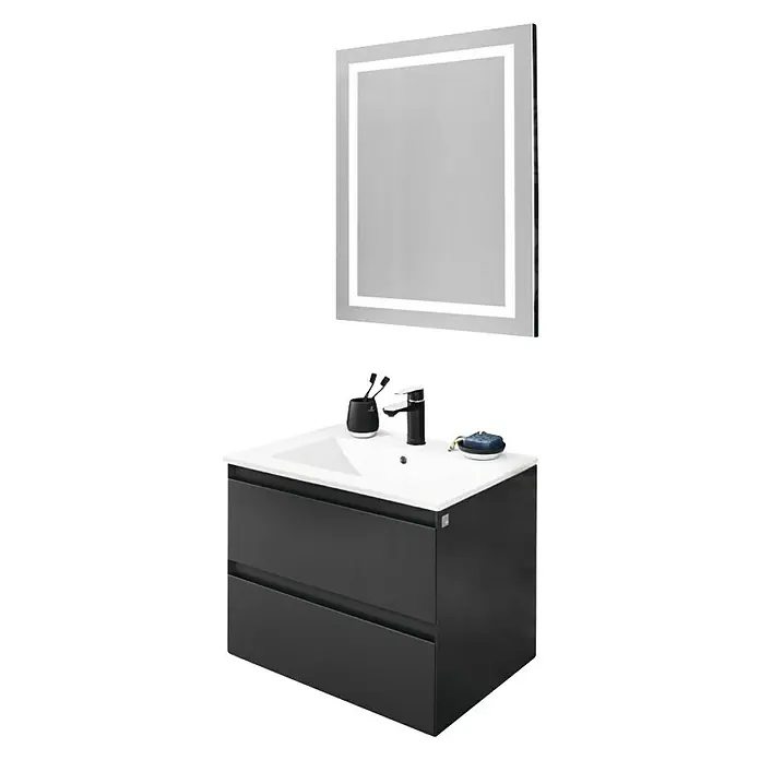 Space Waschtischunterschrank - 60 x 46 x 50 cm, Anthrazit - Abbildung eines modernen Badezimmerschranks mit Waschbecken und beleuchtetem Spiegel, ideal für stilvolle Badezimmer.