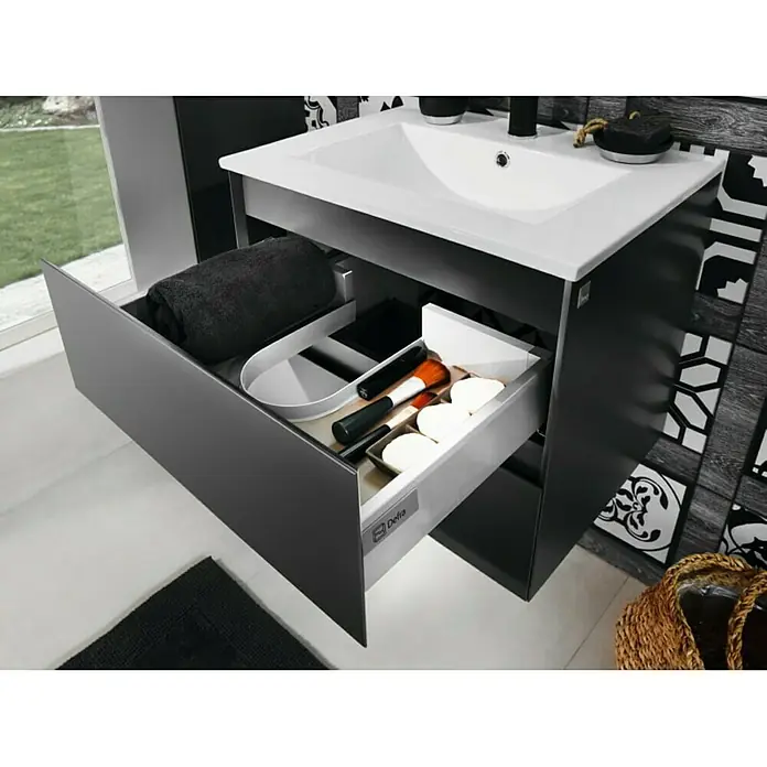 Space Einbauwaschbecken - 60 x 46 cm, Weiß - Modernes Badezimmerwaschbecken mit offenem Schubladensystem zur Aufbewahrung von Handtüchern und Kosmetikartikeln.