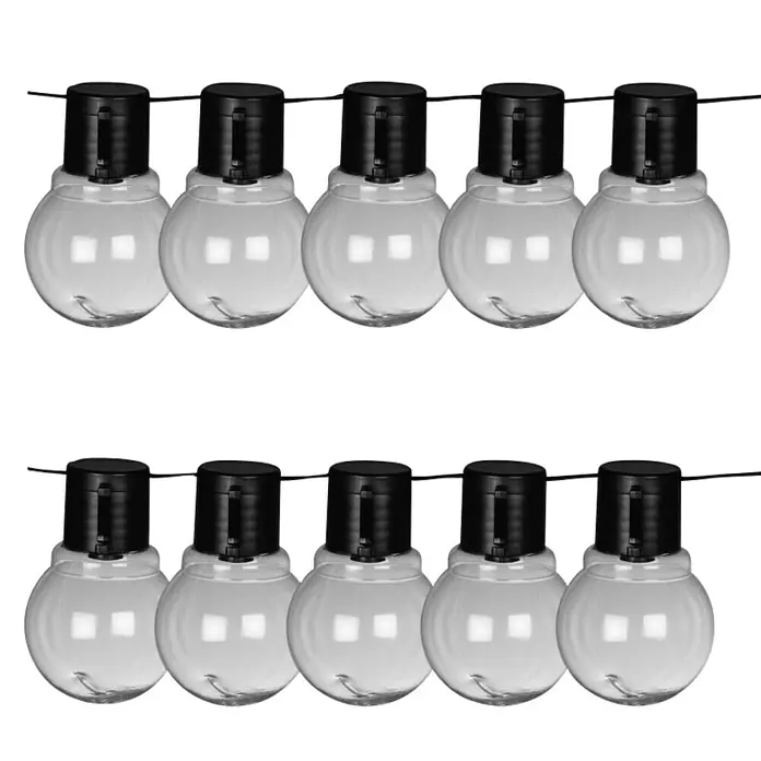 Luxform Guirnalda luminosa solar Menorca - Largo: 349 cm, LED - Una hilera de diez bombillas redondas con tapas negras dispuestas en dos filas. Ofrecen una luz suave, ideal para decorar.